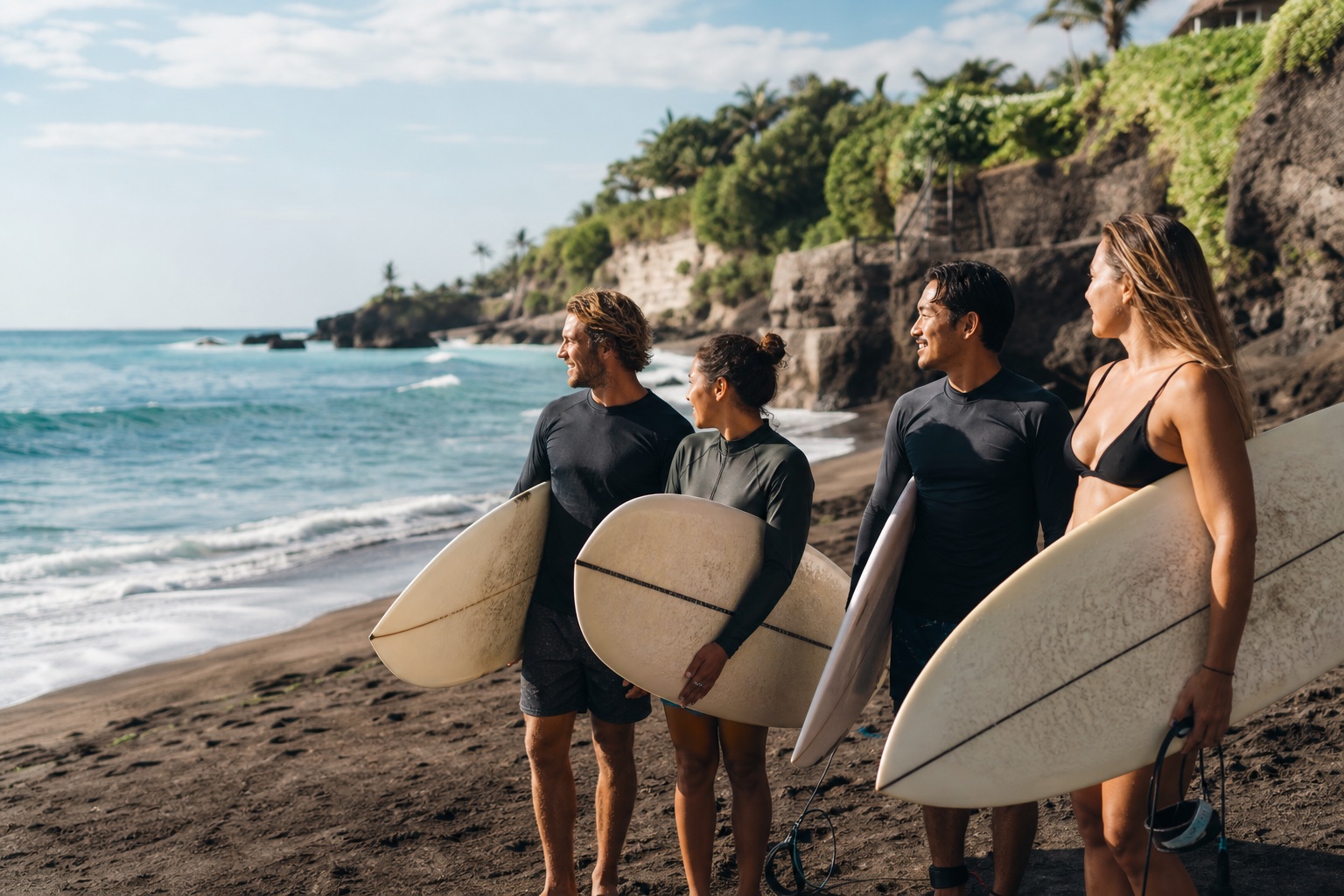 Four adult surfers checking the ocean together on a tropical Bali beach