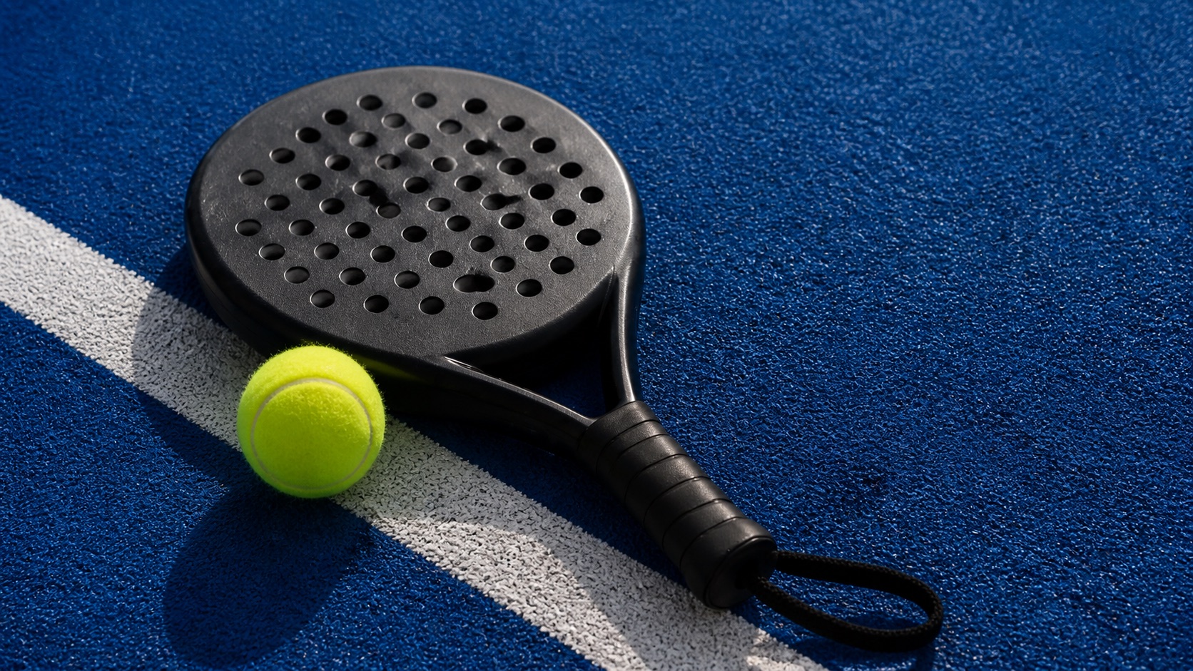 Paleta y pelota sobre una cancha de pádel