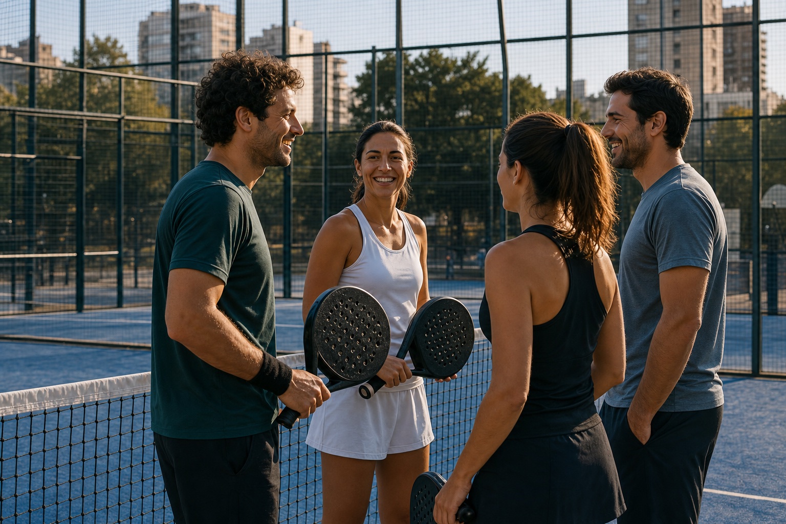 Grupo de personas conversando en una cancha de pádel de Buenos Aires