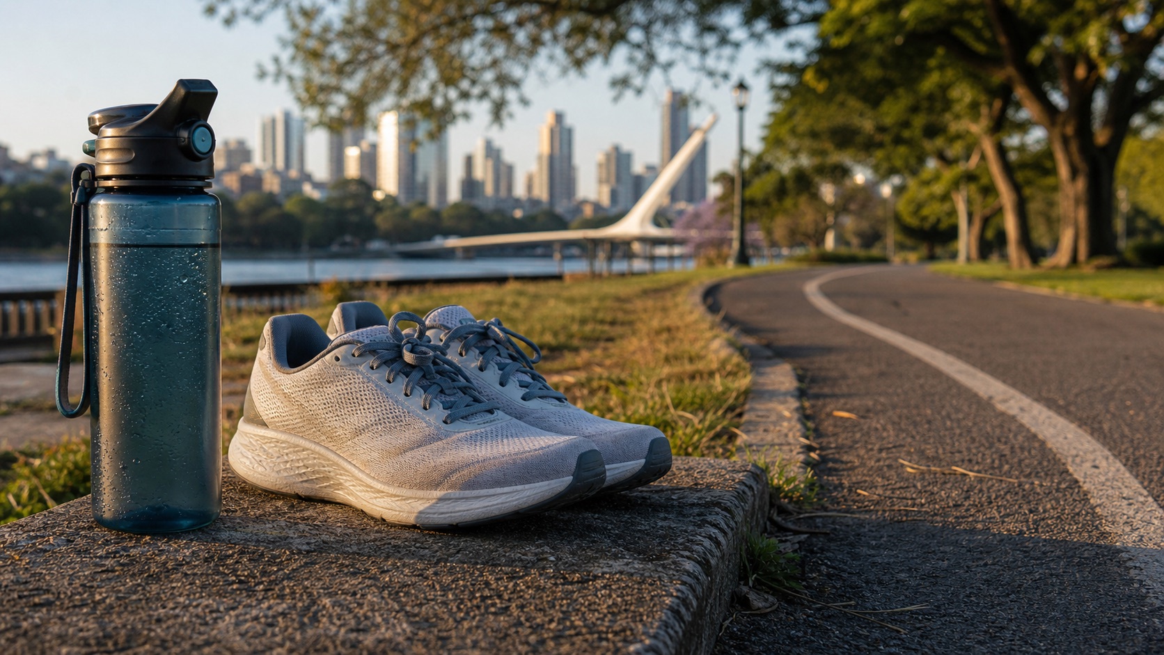 Zapatillas y botella junto a un circuito para correr