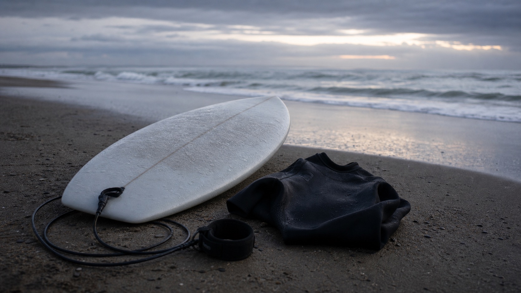 Tabla y traje de surf sobre la arena de una playa fría