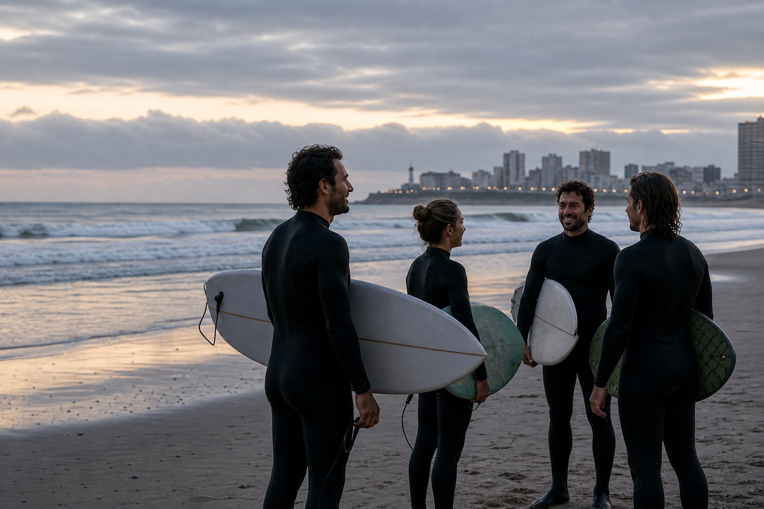 Grupo de surfistas preparándose para entrar al agua en Mar del Plata