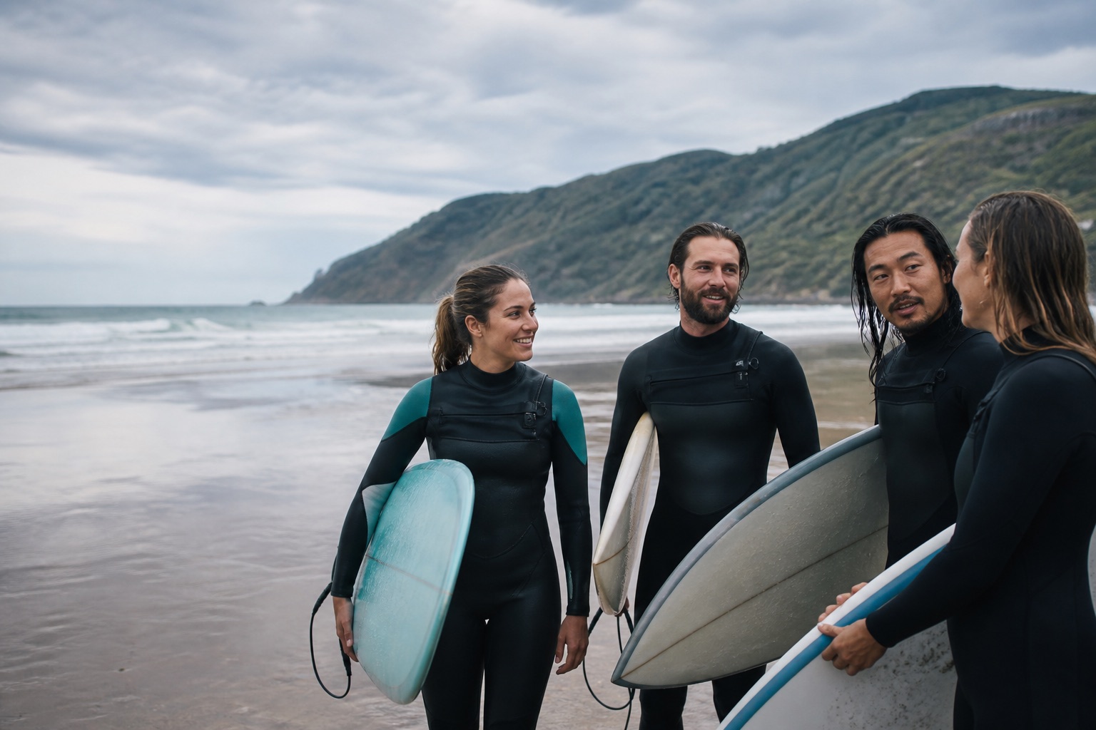 Grupo de adultos con tablas preparando una sesión de surf en la costa vasca