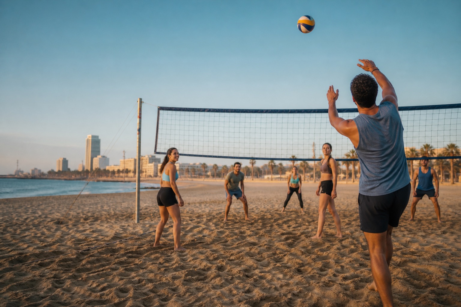 Grupo diverso de adultos jugando vóley playa en Barcelona