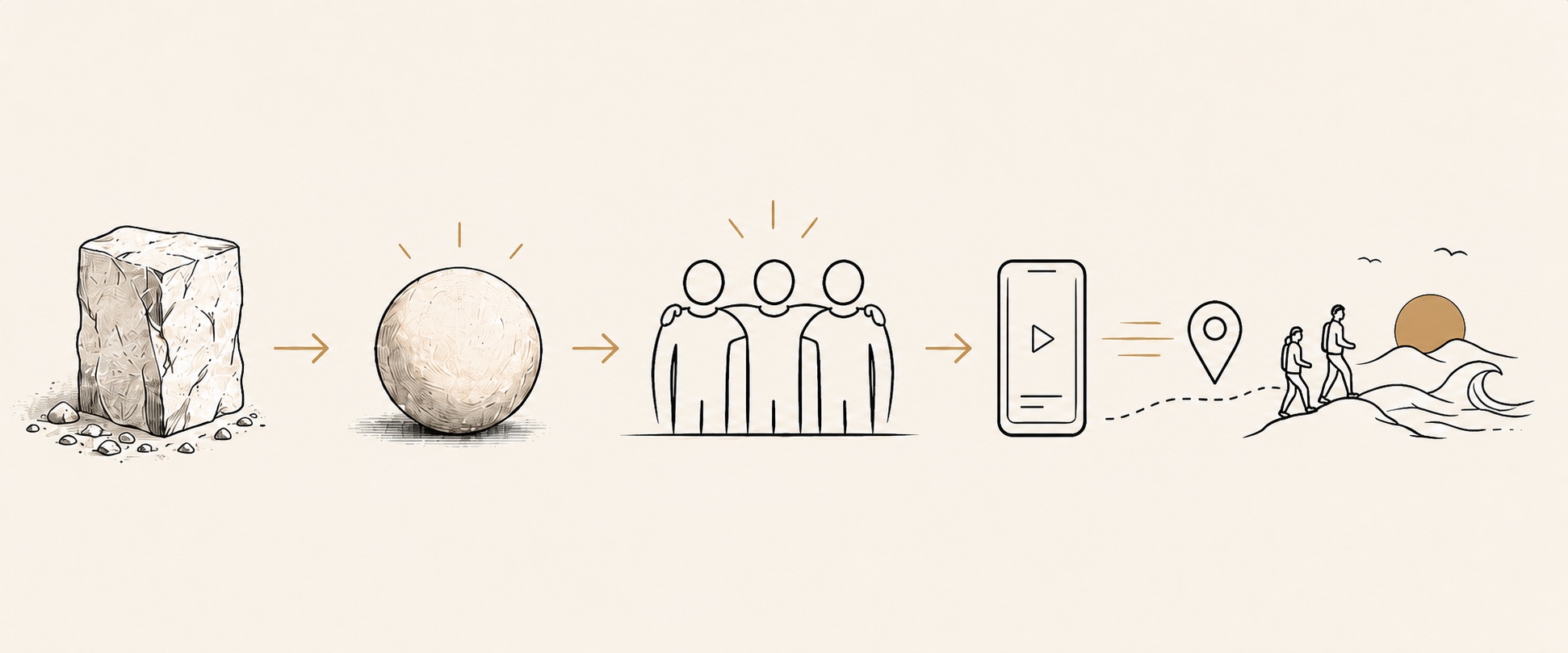 A stone takes shape, a community comes together, and a screen leads to an outdoor experience